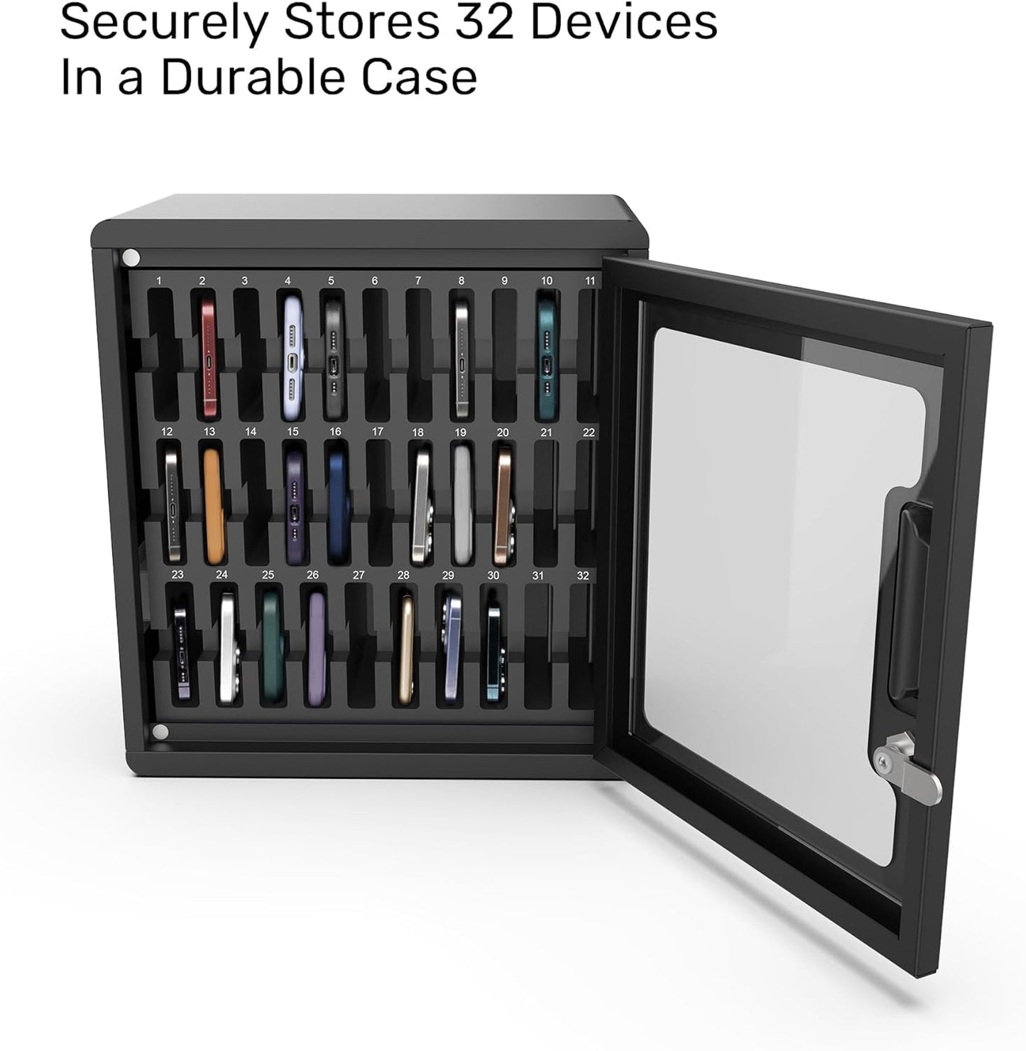 Luxor CHZZ001 CellGuard Phone Storage Cabinet, Cell Phone Locker for Classroom with 32 Foam Slots, Locking Acrylic Door, Powder-Coated Steel, Freestanding, 15"W x 9"D x 16.25"H