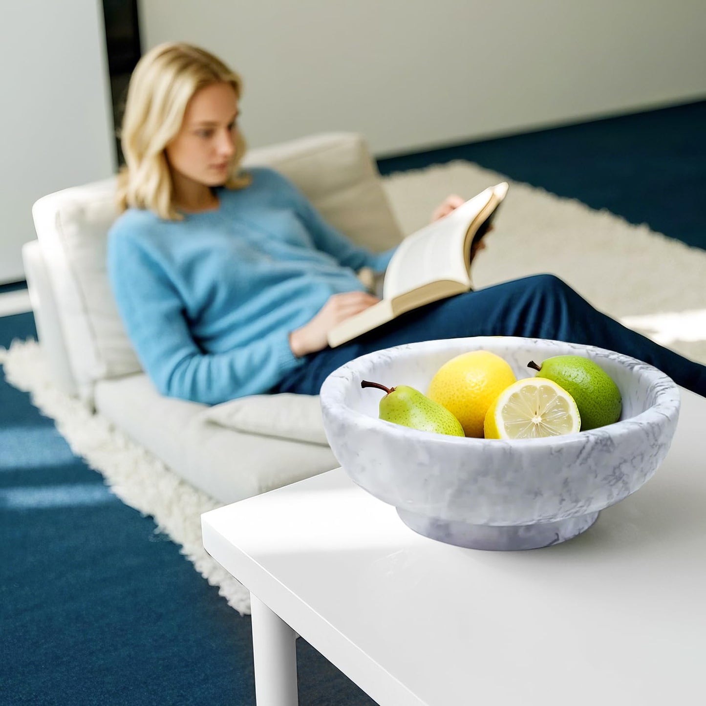 OZLMC Premium Natural Marble Decorative Bowl - Large 10.2” Solid Marble (11 lbs) - Luxury Fruit Bowl with Grey Veins for Home Decor
