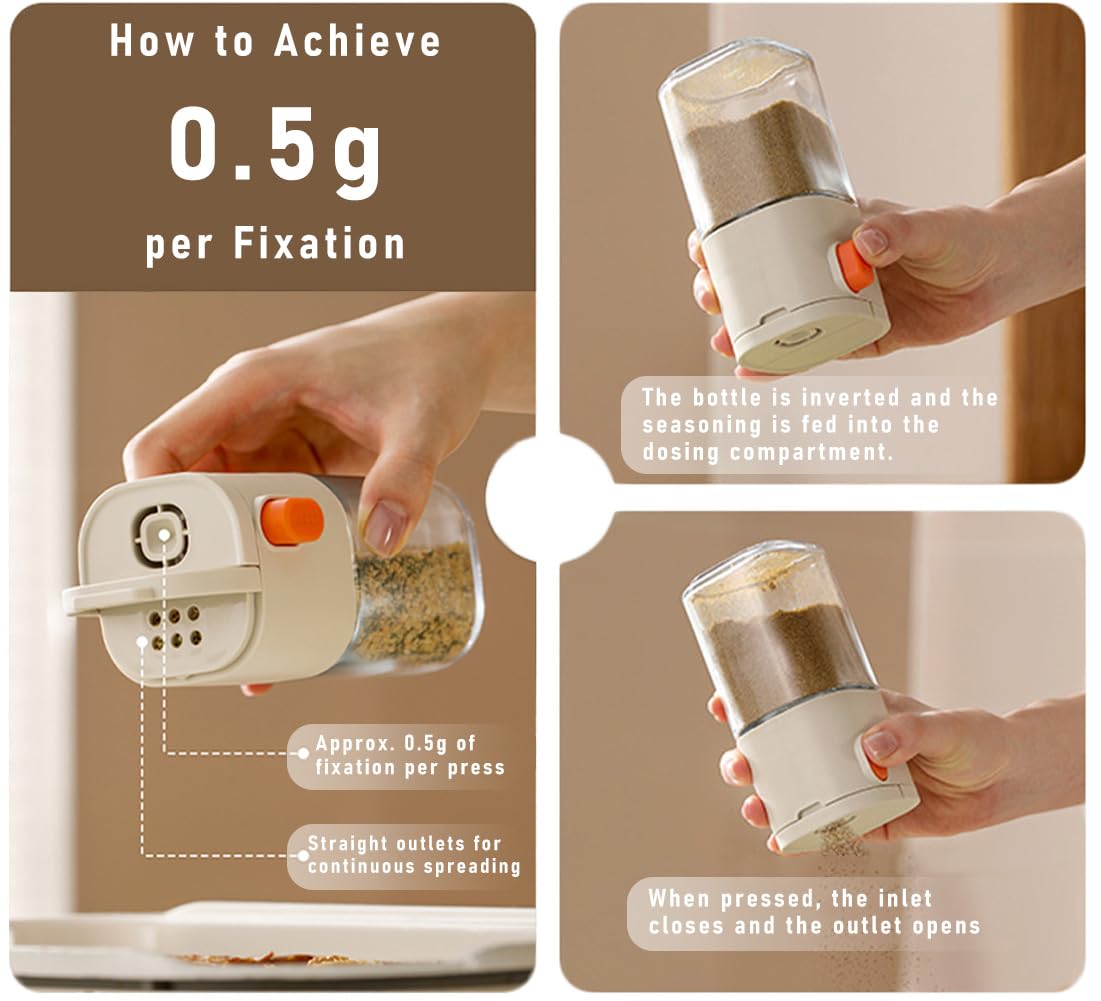 Measure Seasoning Bottle, Salt Shaker or Pepper Shaker, Kitchen Must have, Glass Metering Spice Salt Paprika Pepper Cumin Powder Sugar Dispenser Spice Jar, BPA Free (Beige)
