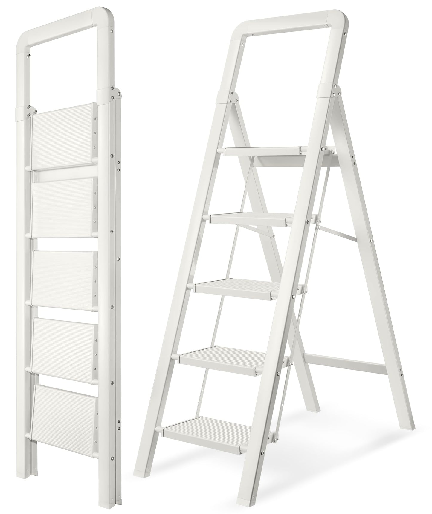 BIBKOKE Step Ladder 5-Step White Finish Aluminum Folding Step Ladders,Anti-Slip Max 330 lbs