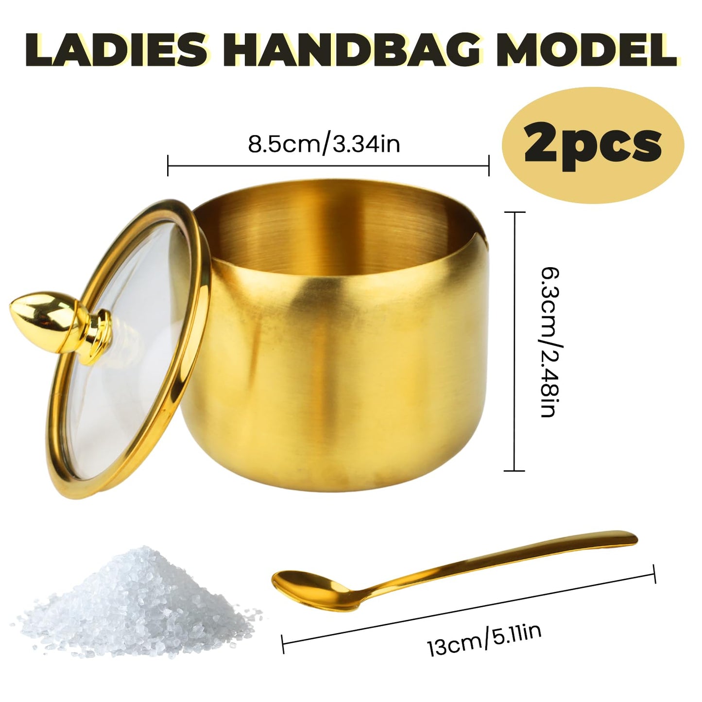 2 Pieces Stainless Steel Sugar Bowl with Lid and Spoon, 8.45 Oz/250 ML Sugar Container for Coffee Bar, Salt Bowls for Countertop Kitchen Storage Pepper Seasoning Coffee Bean Candy Spices, (Gold)