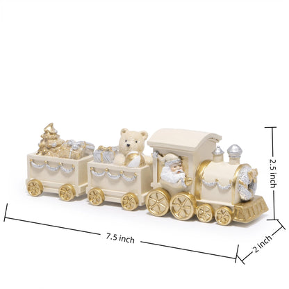 Hodao White Gold Christmas Train Decorations – Elegant Hand-Painted Resin Santa Claus and Teddy Bear Train, Luxury Ornament for Tabletop, Mantel, Home Christmas Decor Display