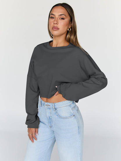 Trendy Queen Cropped Sweatshirts for Women Oversized Crewneck Sweaters Long Sleeve Tops Fall Winter Clothes 2025