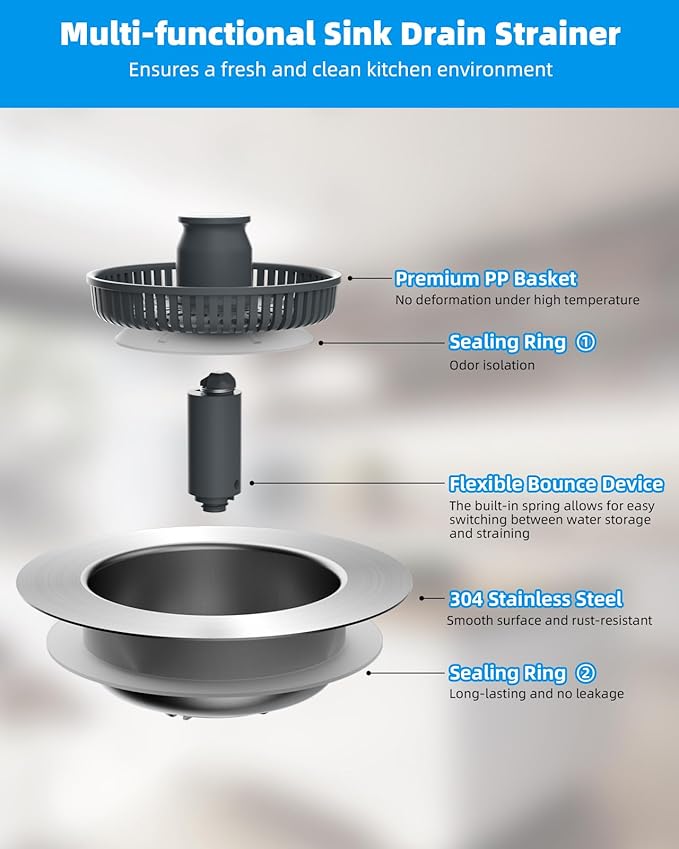 Hibbent 2 Pack Upgraded 3 in 1 Kitchen Sink Drain Strainer and Stopper Combo