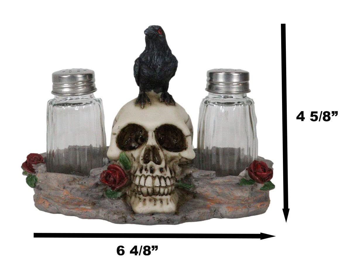 Ebros Day Of The Dead Raven Crow With Rose Skull Salt And Pepper Shakers Holder Figurine Set 6.25"L Halloween Graveyard Spooky Macabre Skulls Skeletons
