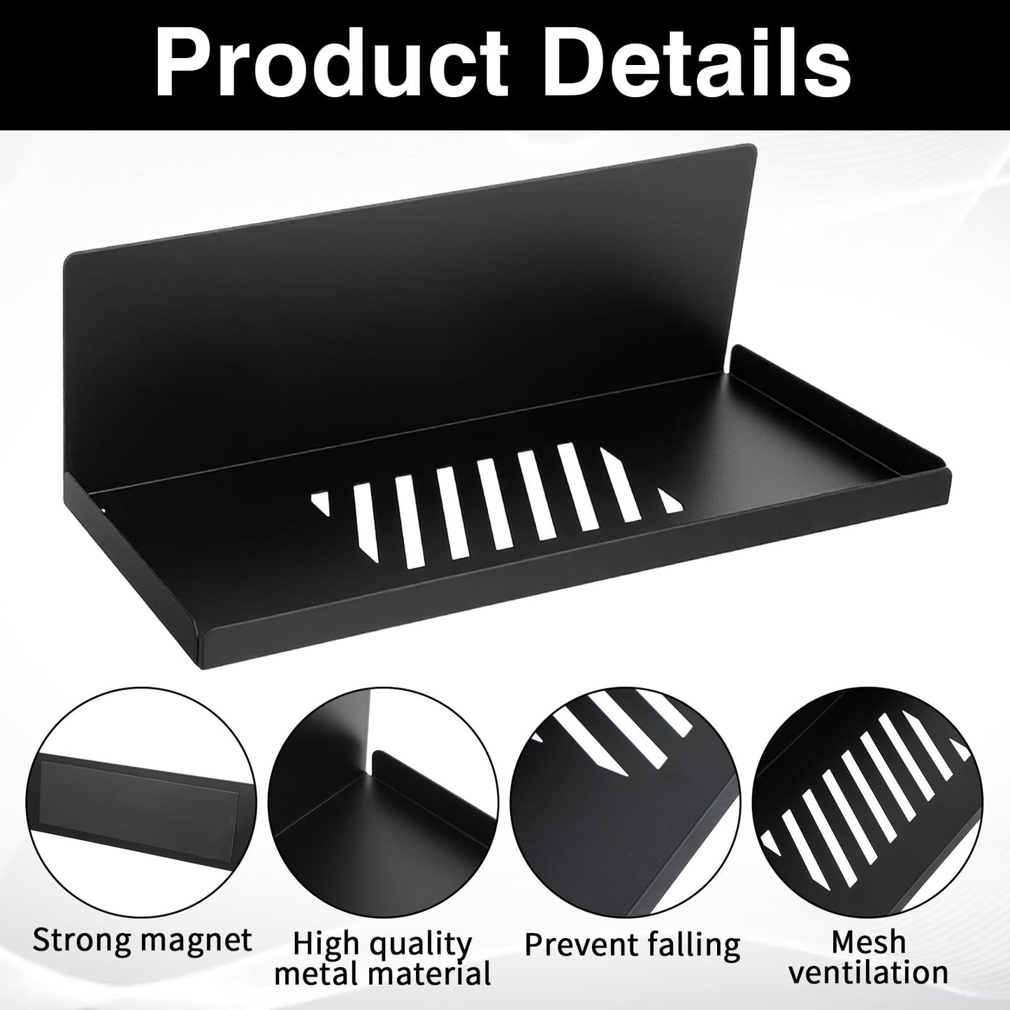 Xaajooio 4 Pack Black Magnetic Shelves Organizer, 12x4.8x3.6 Inch Heavy Duty Steel Pegboard Spice Rack Tray for Kitchen Refrigerator Cabinet Whiteboard Office