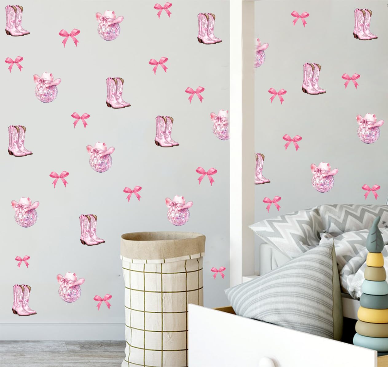 YIMEHDAN Pink Disco Ball and Boot Wall Decal, Westren Pink Cowgirl Vinyl Wall Stickers, Removable Wild West Girls Howdy Artwork for Teen Bedroom Dormitory Decor