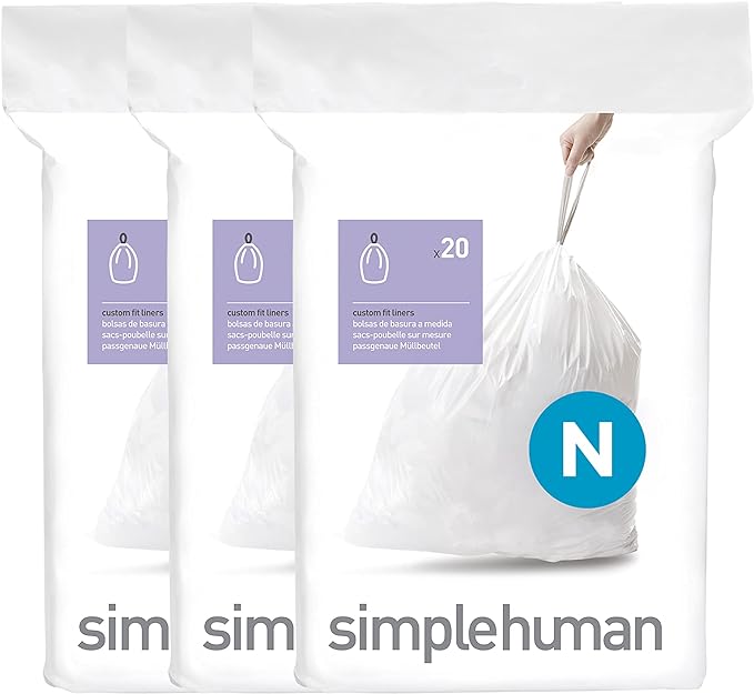 simplehuman Code N 60 Count, Dispenser Pack Custom Fit Liners, Drawstring Trash