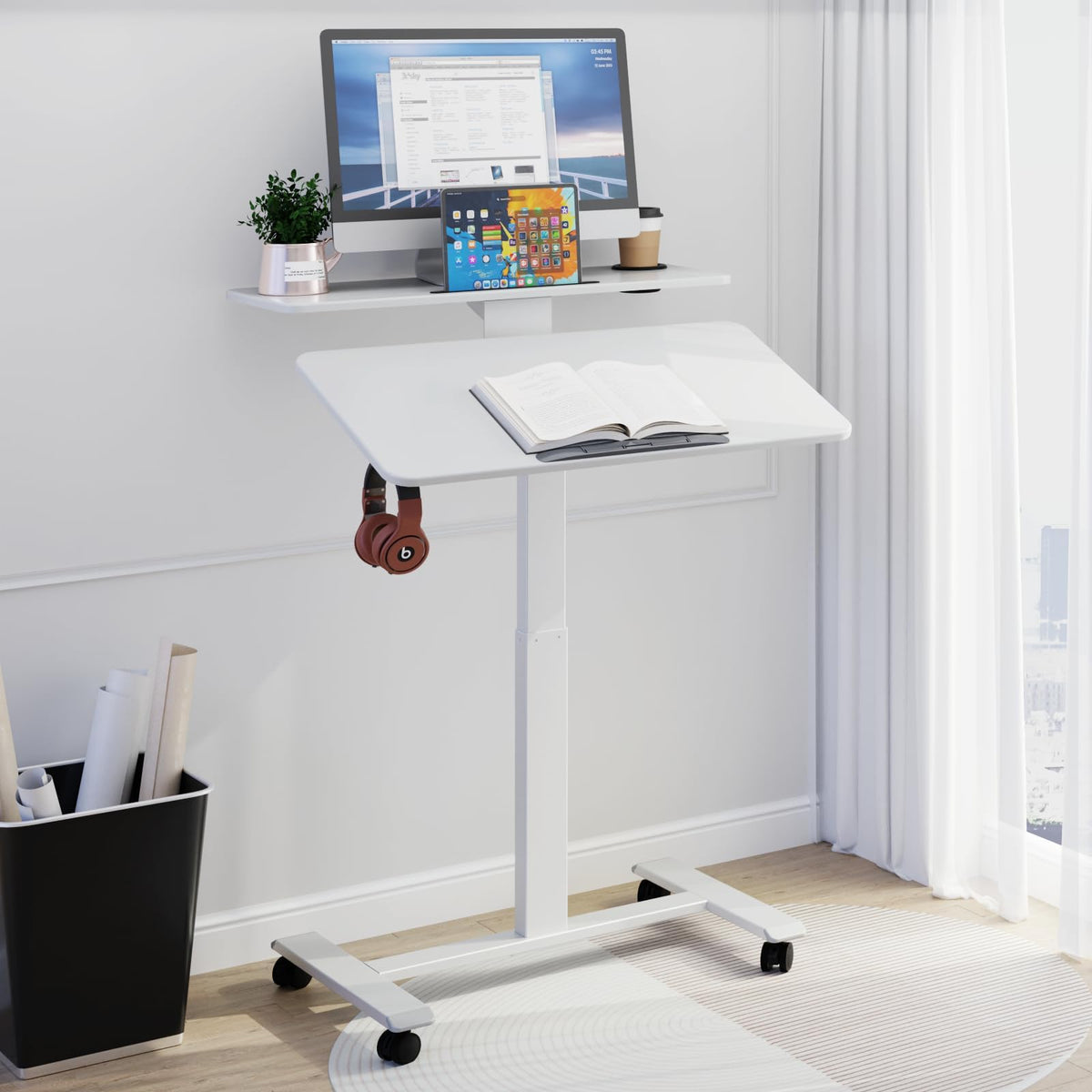 TecbL Pneumatic Standing Desk with Wheels - Adjustable Height 28" - 46" & 0-90° Tilt, 31.5" x 17.7" Skin-Feel Desktop, Rolling Computer Desk for Home Office, Hospital, School (White)