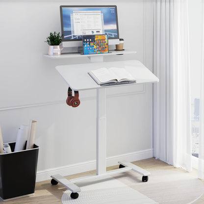 TecbL Pneumatic Standing Desk with Wheels - Adjustable Height 28" - 46" & 0-90° Tilt, 31.5" x 17.7" Skin-Feel Desktop, Rolling Computer Desk for Home Office, Hospital, School (White)
