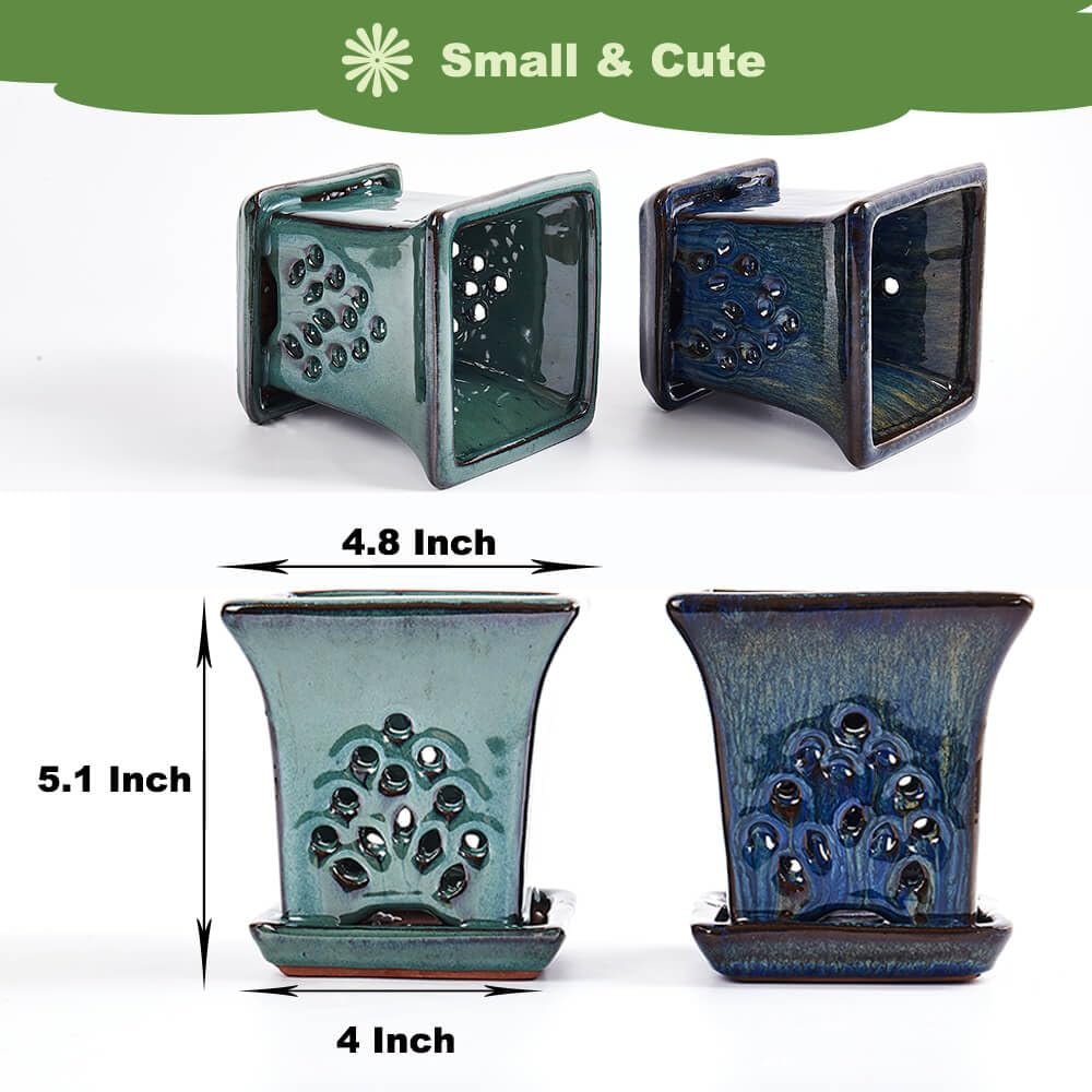 Ceramic Orchid Pots with Holes attached Saucers 4.8 Inches - Set of 2 Small Square Orchid Pots for Repotting, Decorative Ceramic Orchid Planter with Hole for Healthy Root Growth Blue and Green