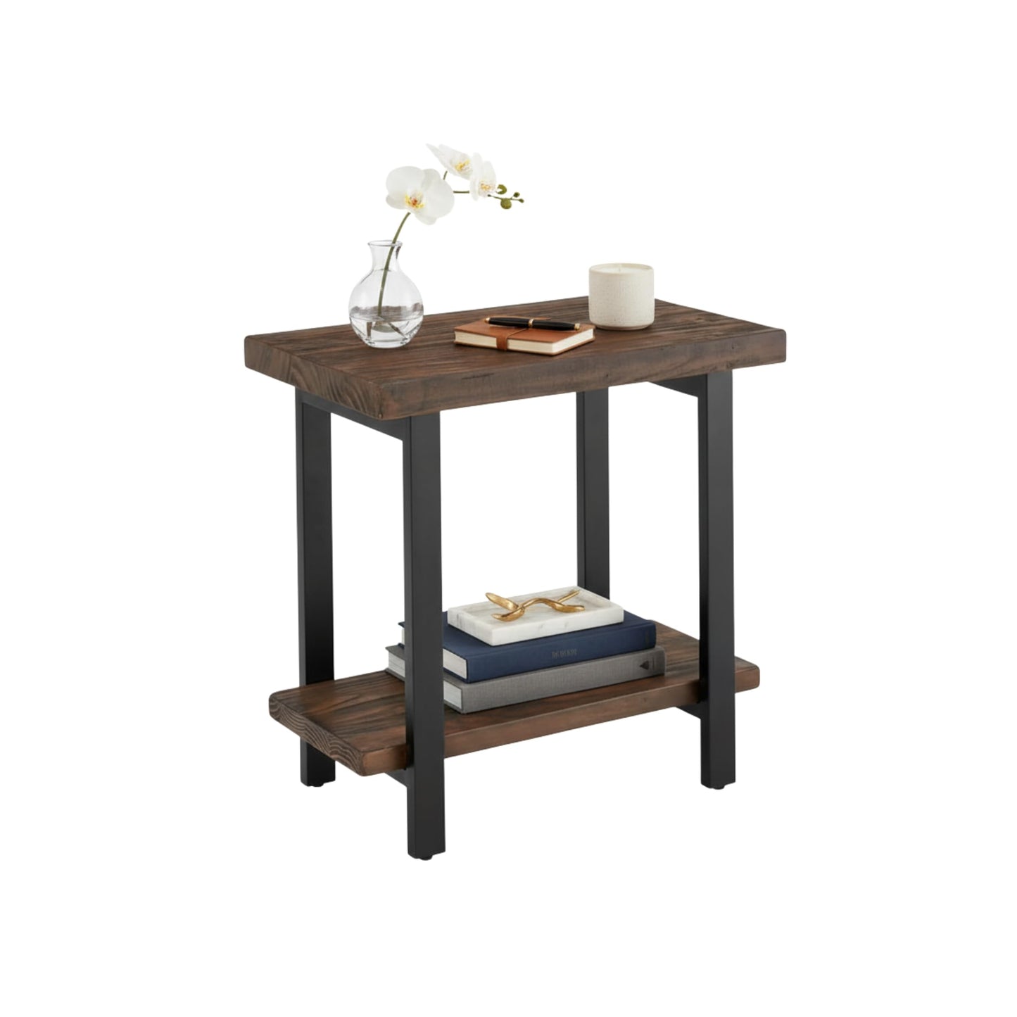 Alaterre Furniture Pomona Living Room 2-Tier Solid Wood End Table with Natural Finish and Metal Legs – Modern Farmhouse Accent or Home Décor (Rustic Brown)