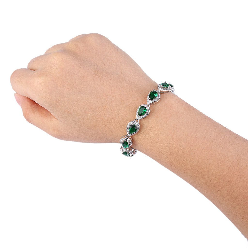 EVER FAITH CZ May Birthstone Elegant Tear Drop Necklace Earrings Bracelet Set Green Emerald-Color