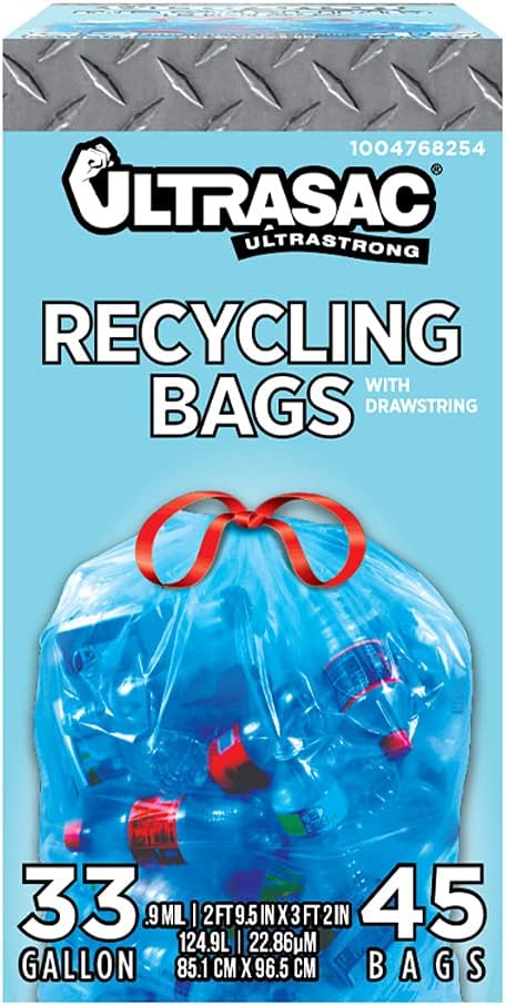 Ultrasac Blue Recycling Bags 33 Gallon 0.9 MIL, 33.5" x 38"