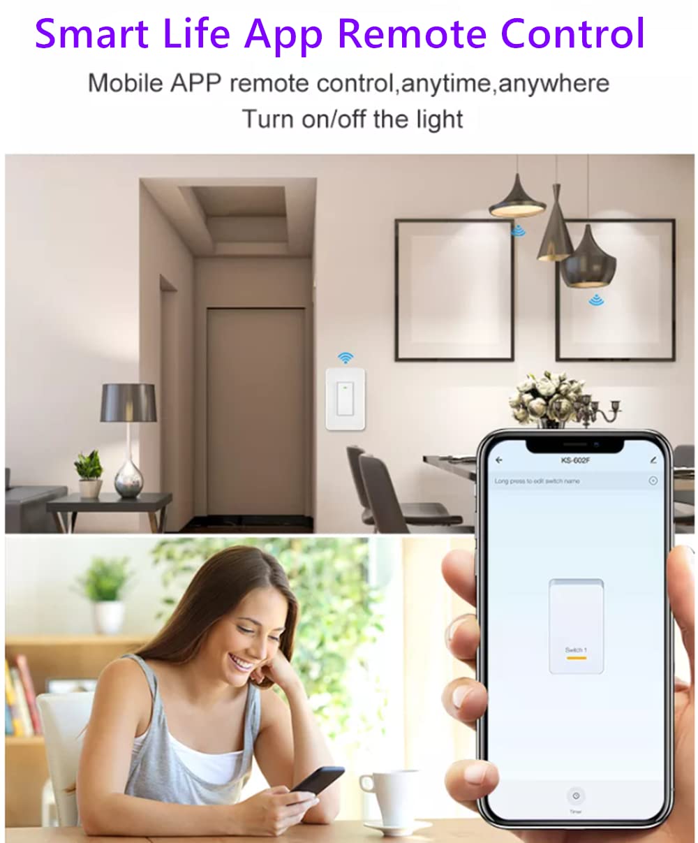 Nexete Smart Wi-Fi Double Light Switch, 2 in1 Single Pole Switch Compatible with Alexa Google Assistant & IFTTT,Remote Control, Timing Function No Hub Required (1-Pack Double)
