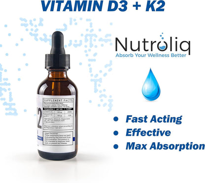 Nutroliq Vitamin D3 + K2 Liquid Drops - 4000IU Vit D3, 100mcg Vit K as MK7, MCT, Extra Virgin Olive Oil - For Immune & Bone Health, Better Energy, Calcium Absorption - Natural Peppermint Flavour, 60ml