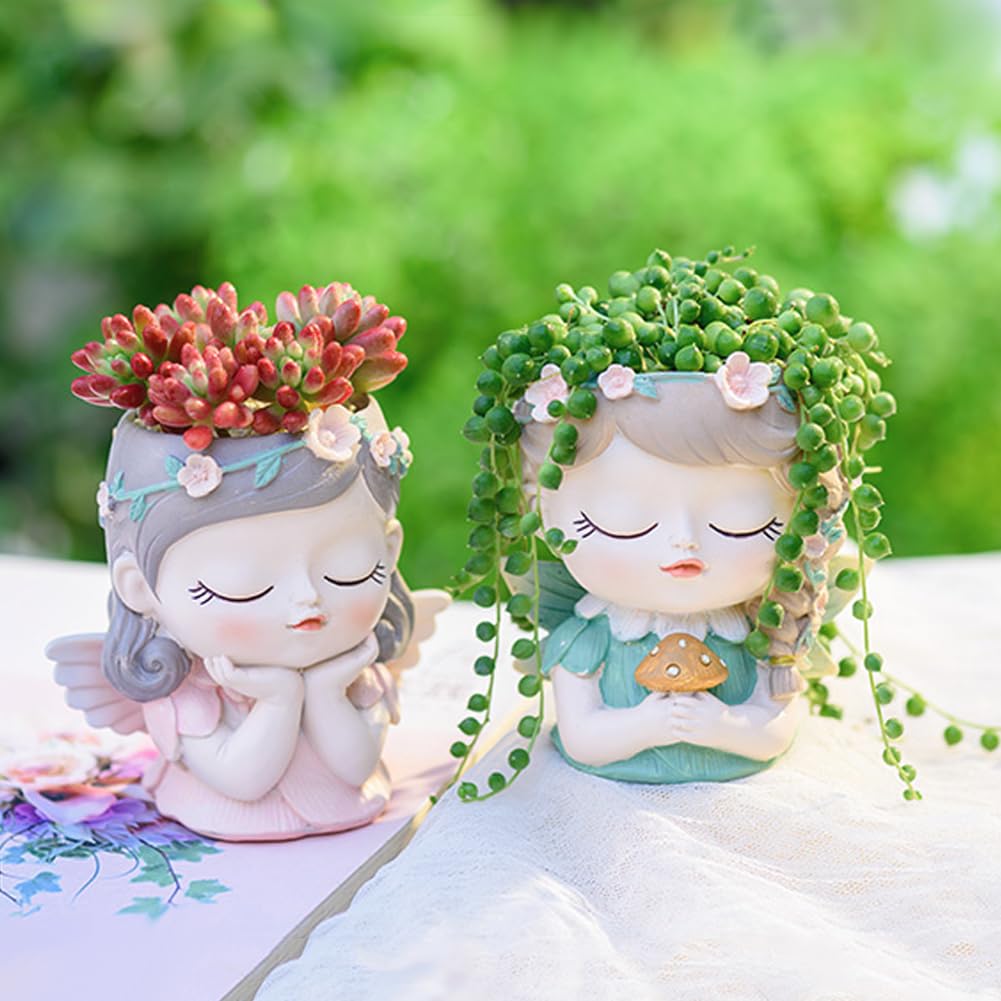Argofox Small Angel Girl face Succulent Plant Pots kit 2 Pack with Drainage Hole Indoor Cactus Pot Unique Cute Flower Vases Decor with Girl Face Container Planter Chic Gardening Lover