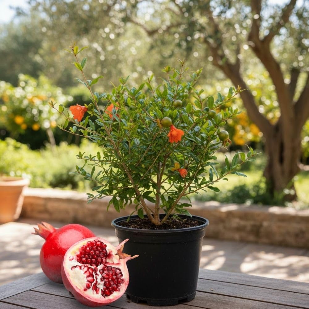 Sweet Pomegranate Live Plant 8-10 Incch Tall, 4 Inches Pot, Red Pomegranate Plants Live, Edible Fruit Bearing Tree for The Patio and Garden