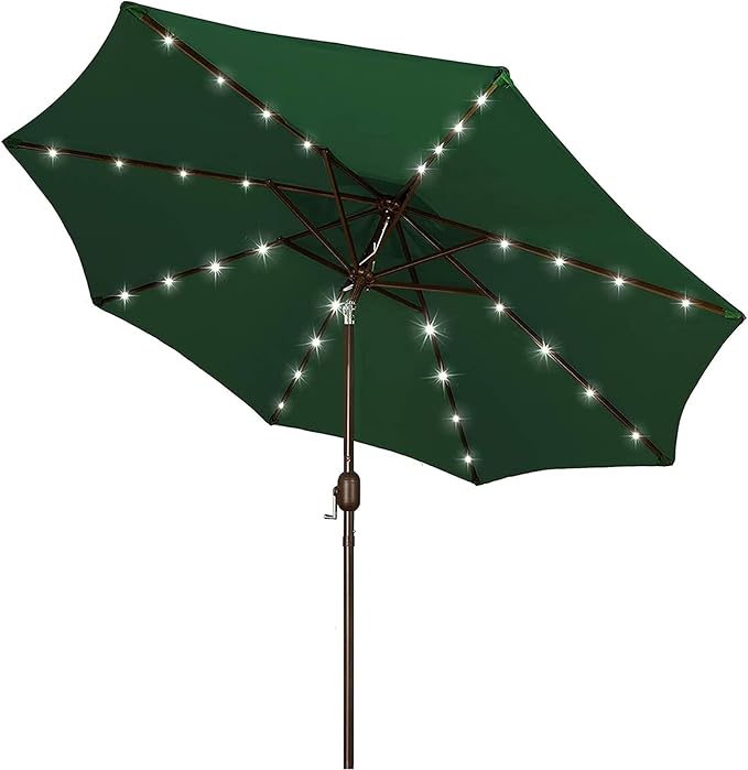 Blissun 9 ft Solar Umbrella, 32 LED Lighted Patio Umbrella, Table Market Umbrella, Outdoor Umbrella for Garden, Deck, Backyard, Pool and Beach (Dark Green)