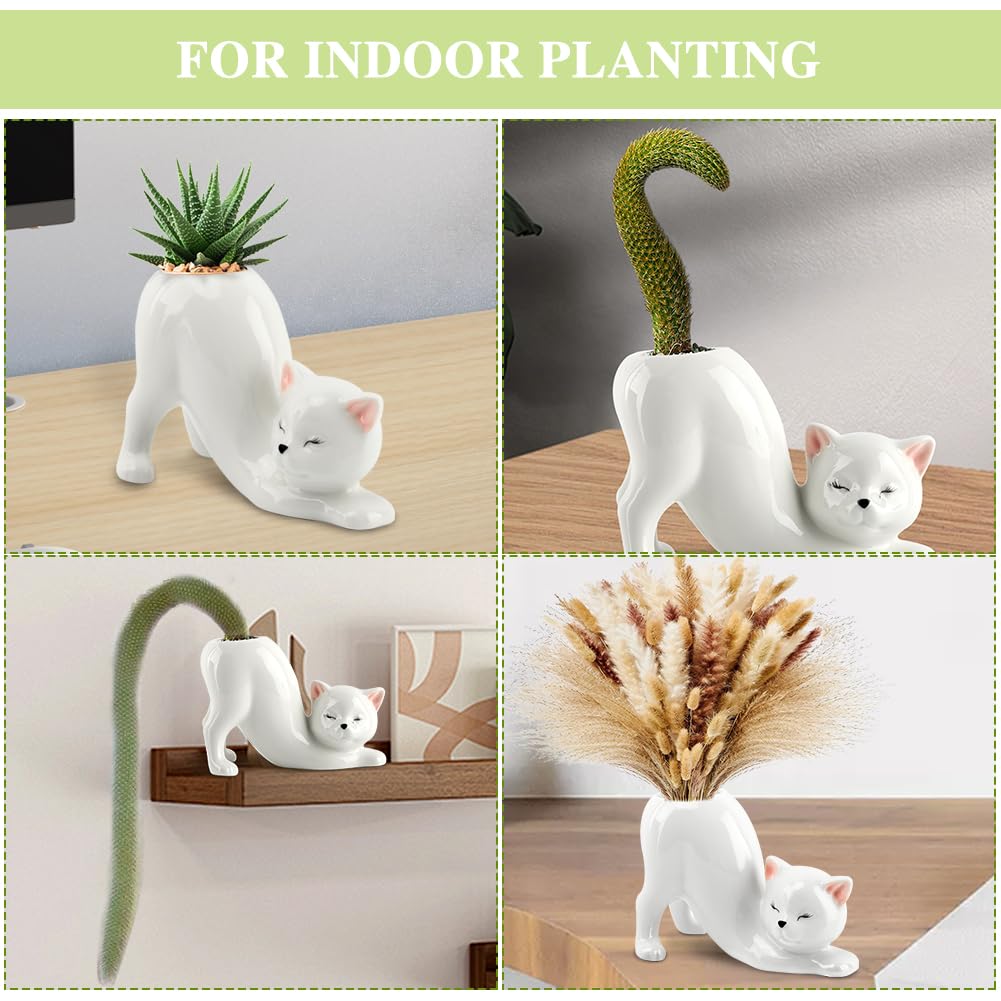 HKZTUY Ceramic Cat Planter Pot for Succulents and Cactus, Small Indoor Kitty Flower Pot with Drainage Hole, 5.71 x 2.95 x 3.86 in, Cute Desk Shelf Home Office Decor, White