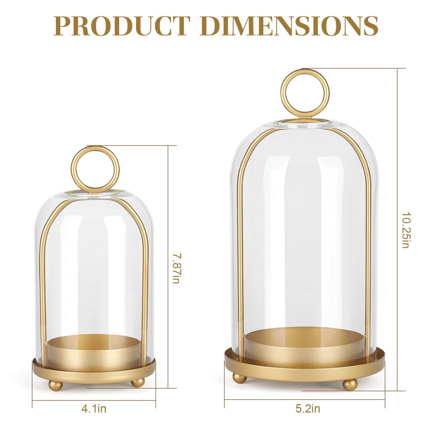 Versatile Metal Candle Holder Set with Handmade Glass Dome,Antique Brass Pillar Candle Stand, 5.2" & 4.1" Wide for Tabletop or Hanging, Industrial & Farmhouse Decor