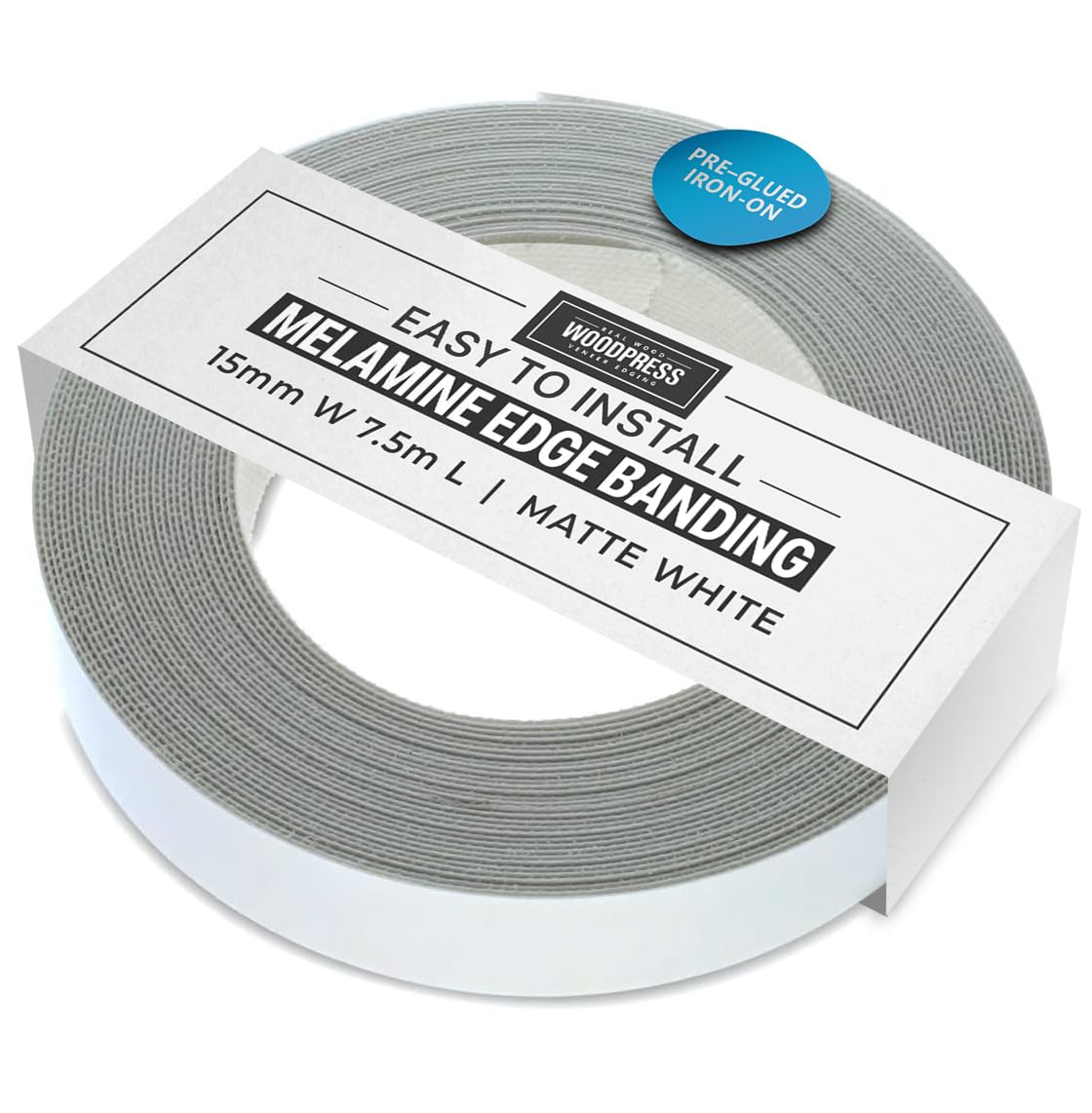 WoodPress® 15mm Matt White Melamine Edging, Pre-Glued Veneer Tape – 7.5m Roll - Iron-On for Easy DIY Application – Will Cover the Edge of a Standard MDF Panel