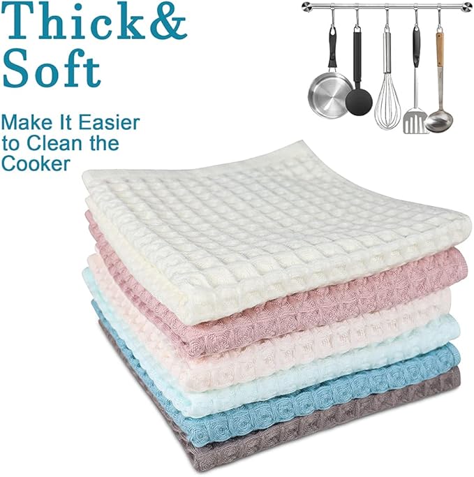6 Pack Waffle Weave Dish Cloths, 13x13 Inch 100% Cotton Kitchen Towels