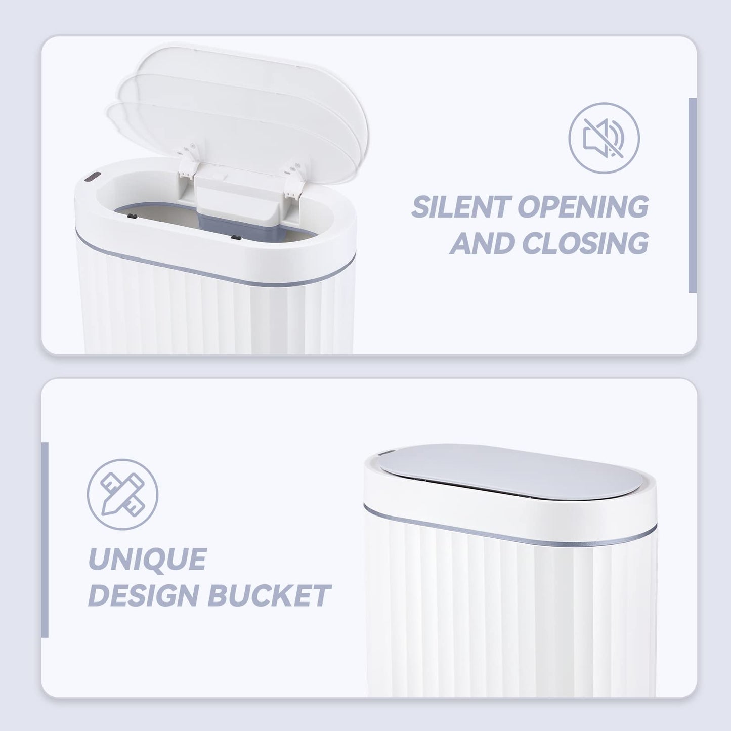 ELPHECO Bathroom Motion Sensor Trash can 2 Gallon Automatic Garbage Can, Slim Plastic Smart Trash Can with Lid, Commercial Intelligent Trash Bin for Bedroom, Bathroom, Office, White with Grey Trim