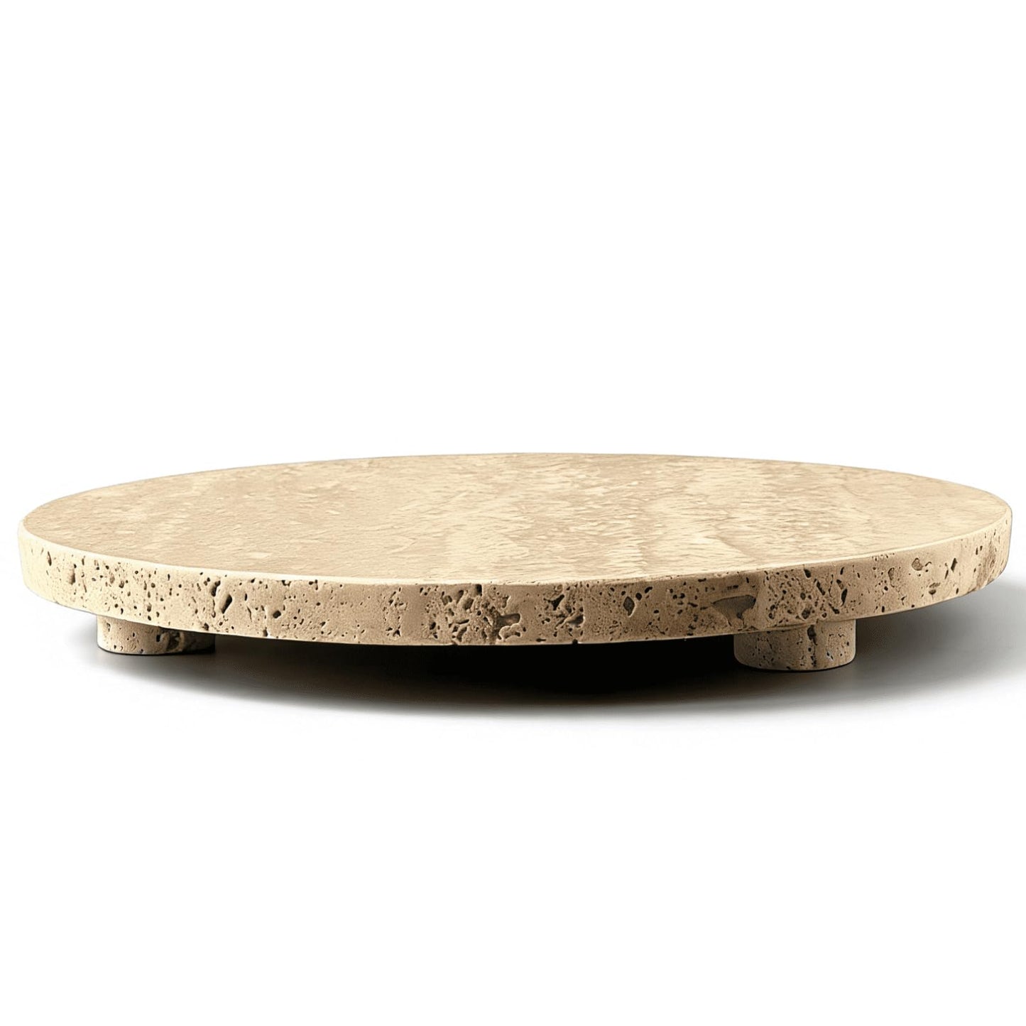 EXCHUES Beige Travertine Marble Riser - Round Pedestal Marble Trivet Vanity Tray with 3 Feet, Minimalist Stone Display Stand for Bathroom Counter, Kitchen, Perfume, Jewelry & Scented Candles (Middle)