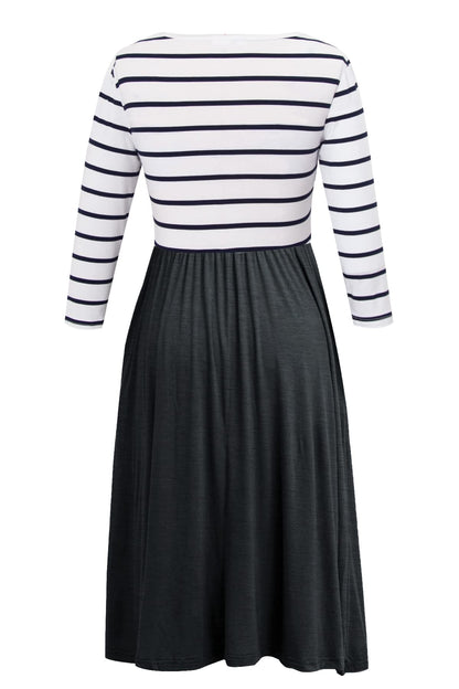 Smallshow Nursing Dresses 3/4 Sleeve Maternity Breastfeeding Dress for Women White Stripe-Deep Grey S