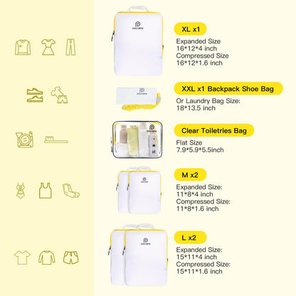 PFEYRPK Lightweight Compression Packing Cubes for Suitcases, Compressible Expandable Travel Packing Organizer with Clear Toiletries and Backpack Bag, Travel Essentials for Carry on Luggage 7 Set