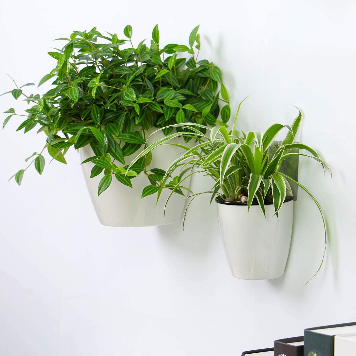DEELF OUTLET 6 Packs 5" Plastic Self Watering Pots Wall Hanging Planters Wall Mounted Wicking Flower Pots for Indoor and Outdoor African Violet, Ocean Spider Plant, Orchid, White