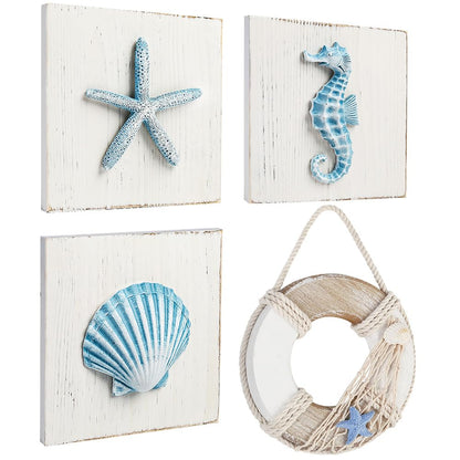 LotFancy Beach Wall Décor, 4 Pack, 3D Seashell, Starfish, Seahorse and Lifesaver Buoy Decorations on Wood Board, Rustic Ocean Coastal Themed Wall Art for Bathroom, Living Room, Bedroom (6“ x 6“)