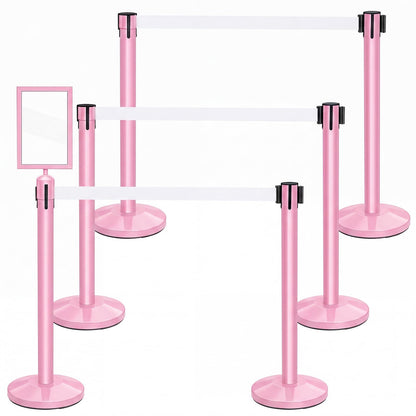 Therwen 6 Pack Heavy Duty Crowd Control Stanchions 9.8 ft Stainless Steel Stanchion Set with 6 Safety Barrier Post Retractable Belt and 1 Sign Holder Crowd Control Barrier(White Belt,Pink)