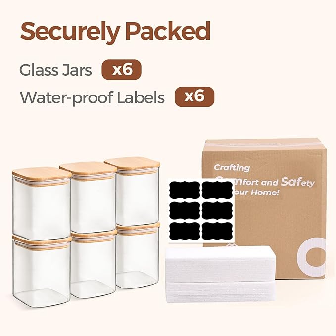 ComSaf 0.8 Qt Glass Food Storage Jars Set of 6, Pantry Organization Jar