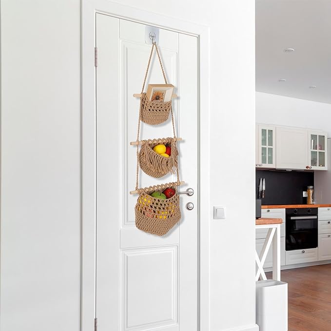 3 Tier Hanging Fruit Basket, Wall Hanging Vegetable Fruit Baskets Cotton Woven