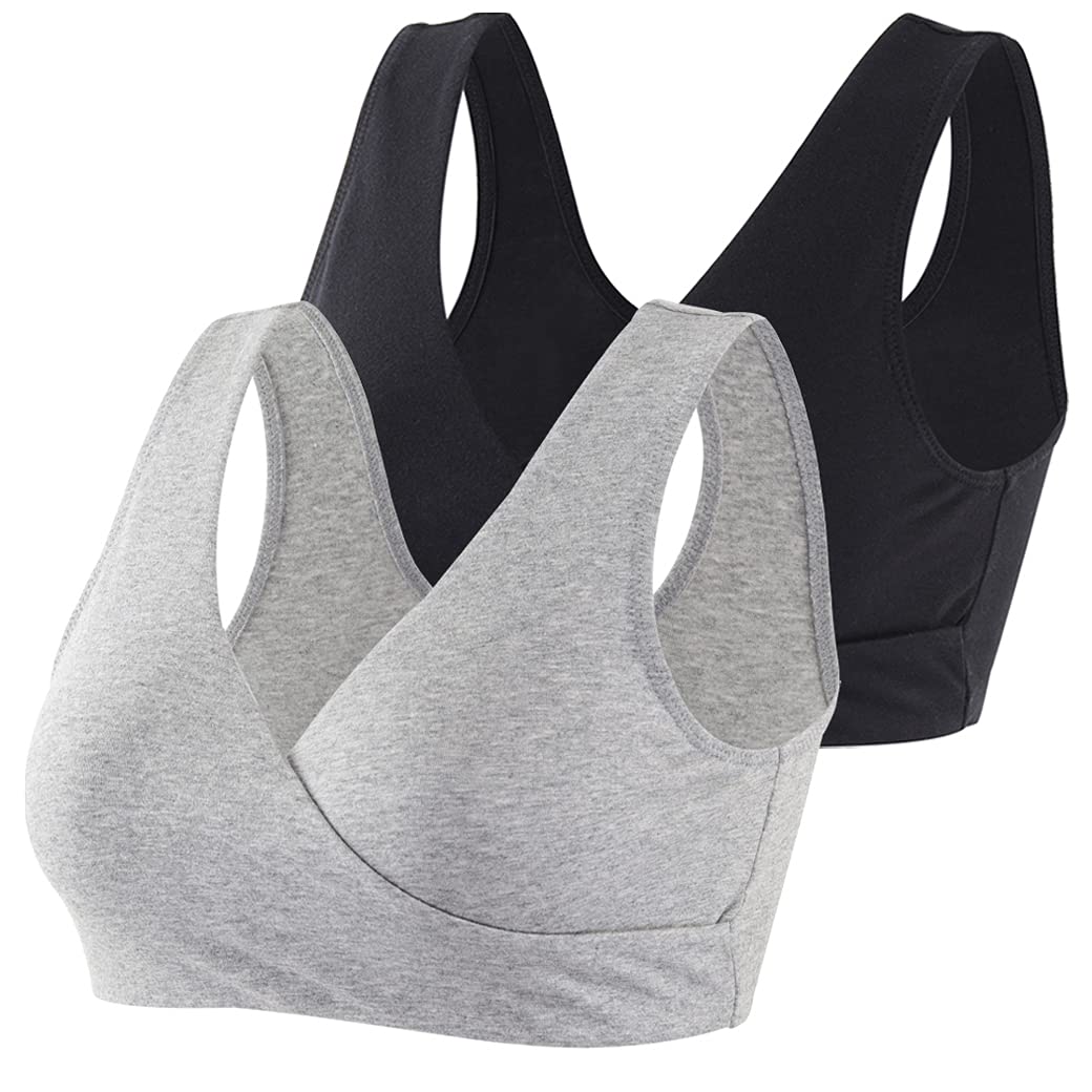 COLOMI Maternity Nursing Bra Wireless Cotton Breastfeeding Bra for Sleep (Black+Grey/2Pack, L, l)