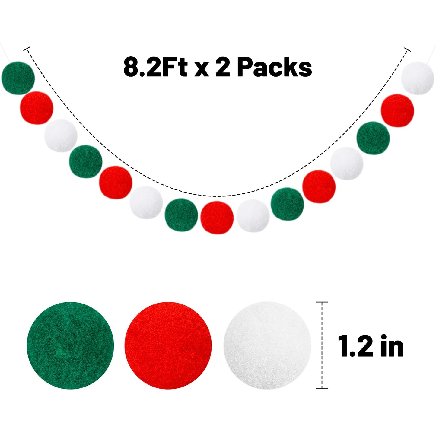 GCQQ Christmas Garlands 1.2" Large Pom Pom Garland Boho Decor 16.4FT Red Green White 60 Felt Ball Garlands for Mantle Christmas Tree Party Decor(1.2"/3cm)