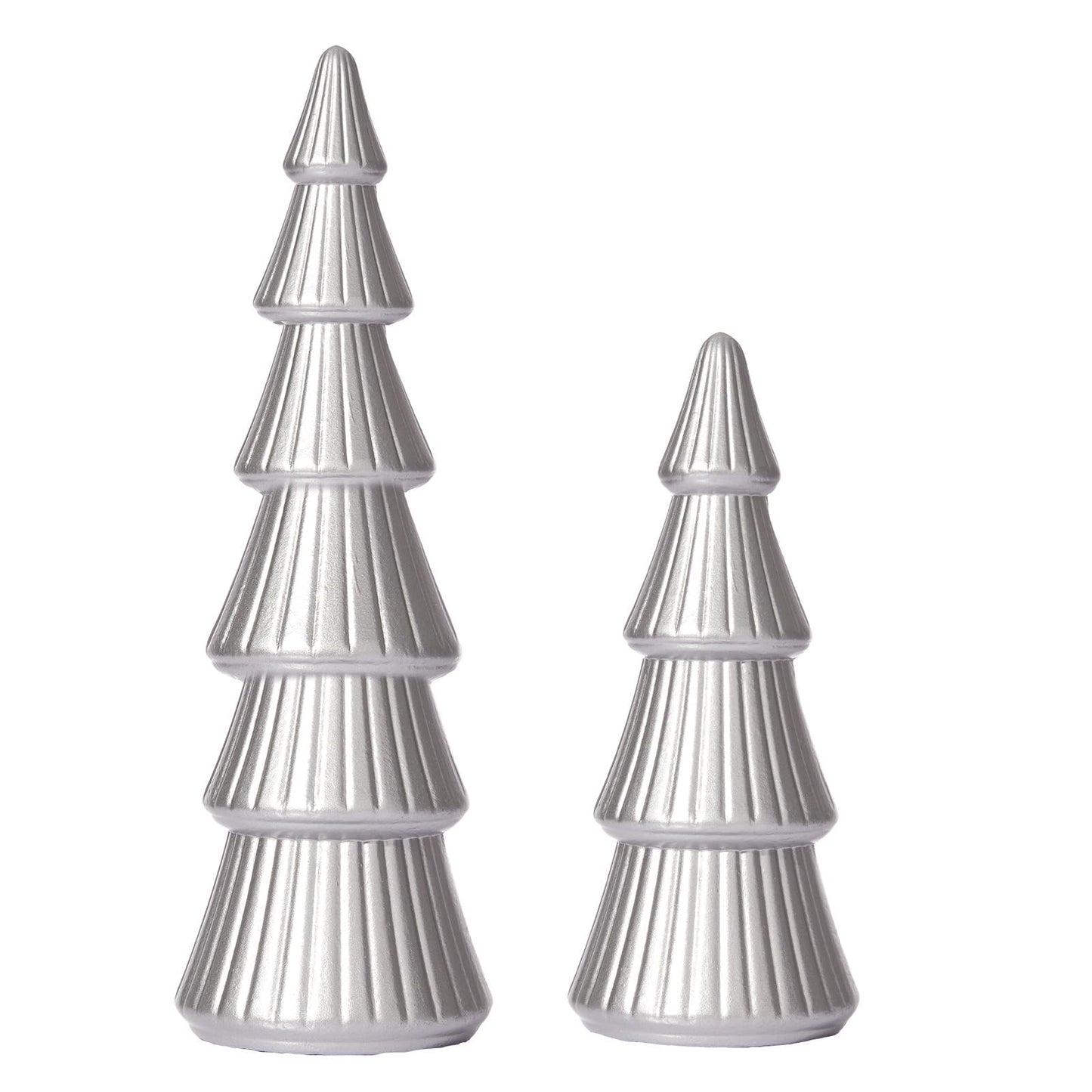 WONDROUS' DECO Wooden Christmas Tree Figurine, Tabletop Silver Tree Figurine, Set of 2 Desk Centerpieces for Christmas Decor