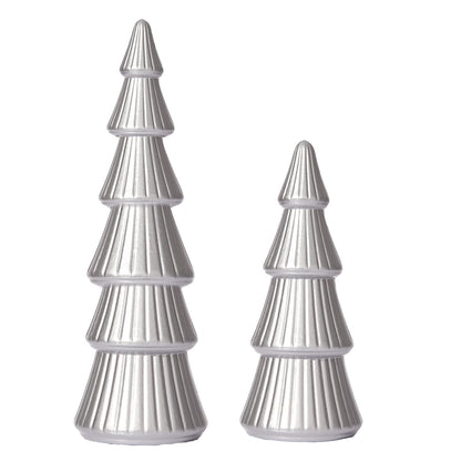 WONDROUS' DECO Wooden Christmas Tree Figurine, Tabletop Silver Tree Figurine, Set of 2 Desk Centerpieces for Christmas Decor