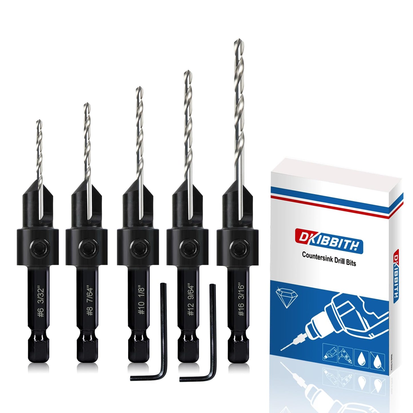 5-pc Countersink Drill Bit Set, 3in1 Woodworking Counterbore Hole Drill Bits for #6 8 10 12 16 Screws, Depth Adjustable M2 Pilot Drill Bits, 82-Degree Chamfer, 1/4” Hex Shank, 2 Allen Wrench