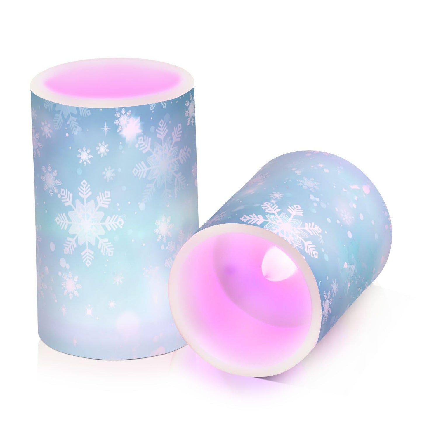senya Christmas Lights Flameless Candles Teal Turquoise Snowflake Pillar Candles Set of 2 Battery Operated Remote Control Warm Lights Home Decor