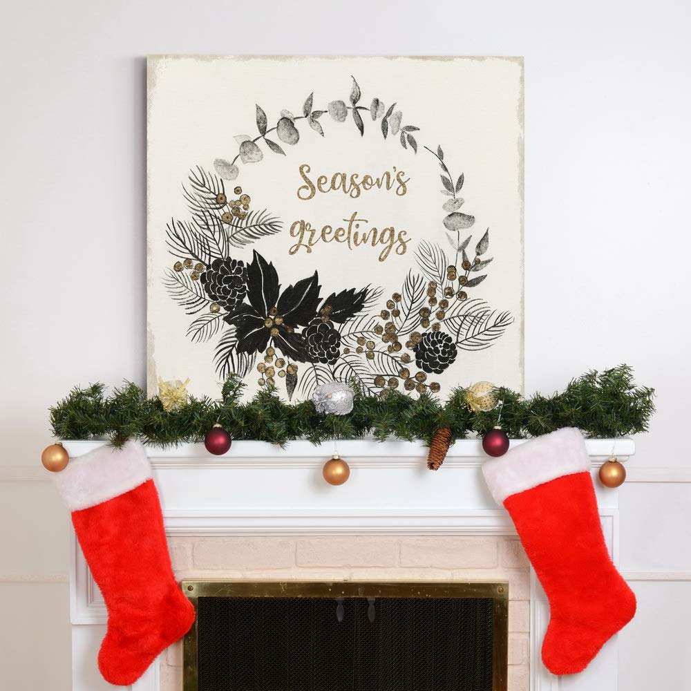 Renditions Gallery Season's Greetings Wreath Wall Art, Charming Christmas & Winter Artwork, Festive Word Art, Premium Gallery Wrapped Canvas Decor, Ready to Hang, 24 in H x 24 in W, Made in America