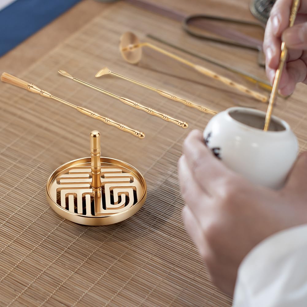 WEBEEDY 5Pcs Incense Making Kit Brass Incense Tool Kit Set- Incense Spoon Incense Press Shovel Brush for Incense Burner Kit Yoga Meditation, Fu Character