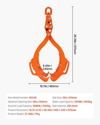 VEVOR Log Lifting Tongs 36in, 4 Serrated Claw Hook Log Tongs, Heavy Duty Steel Swivel Dragging Tongs, 3300LBS Log Grapple with Handles, Lumber Log Skidding Tongs for Tractors, Trucks, Forklifts, ATVs