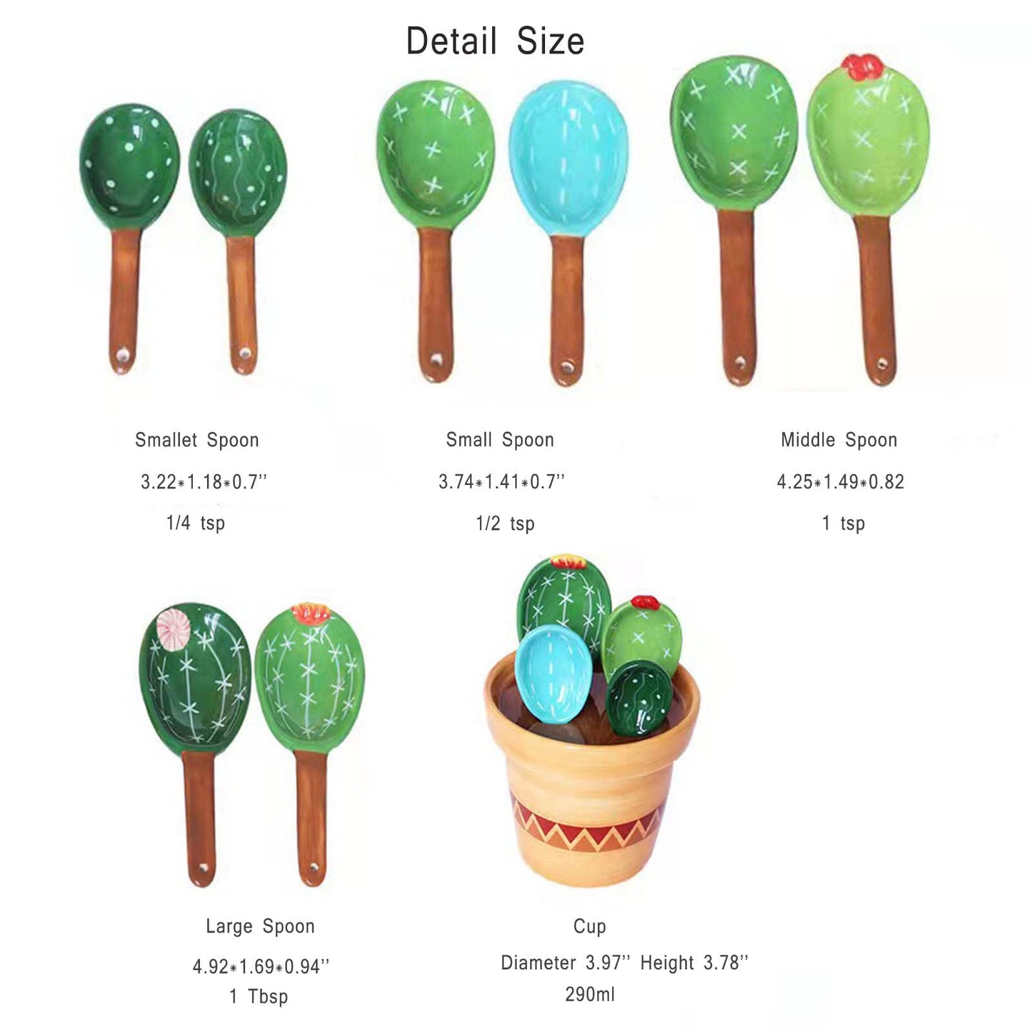 GICEY Cactus Measuring Spoons Set in Pot Ceramic Cute Small Cacti Measuring Spoons and Cups Green Housewarming Gifts for Baking,Salt, Sugar Dishwasher Safe (Green and Blue）