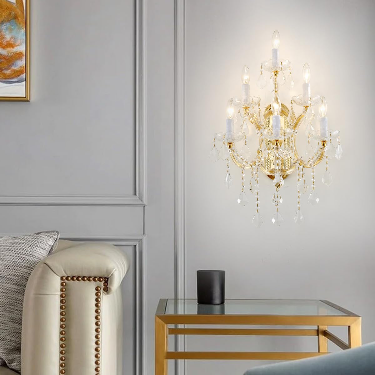 TMAFON Large Modern Crystal Wall Lights - 6 Lights Maria Theresa Wall Lamp Chandelier Light Fixtures, Gold Wall Mounted Sconce for Hotel, Living Room, Hall, Lobby
