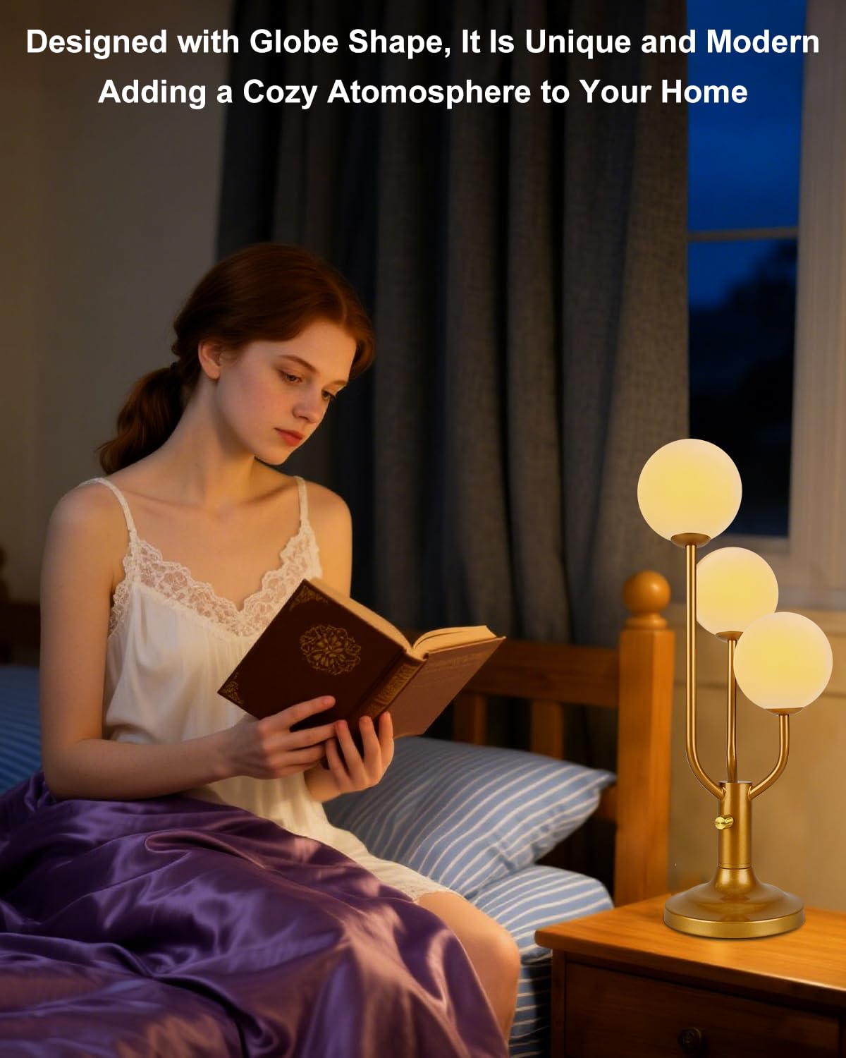 ACOHOOK Modern Gold Globe Table Lamp Dimmable Mid Century 3-Light Desk Lamp 3000K Warmwhite Nightstand Lamp for Bedroom Bedside End Table(G9 Bulb Included)