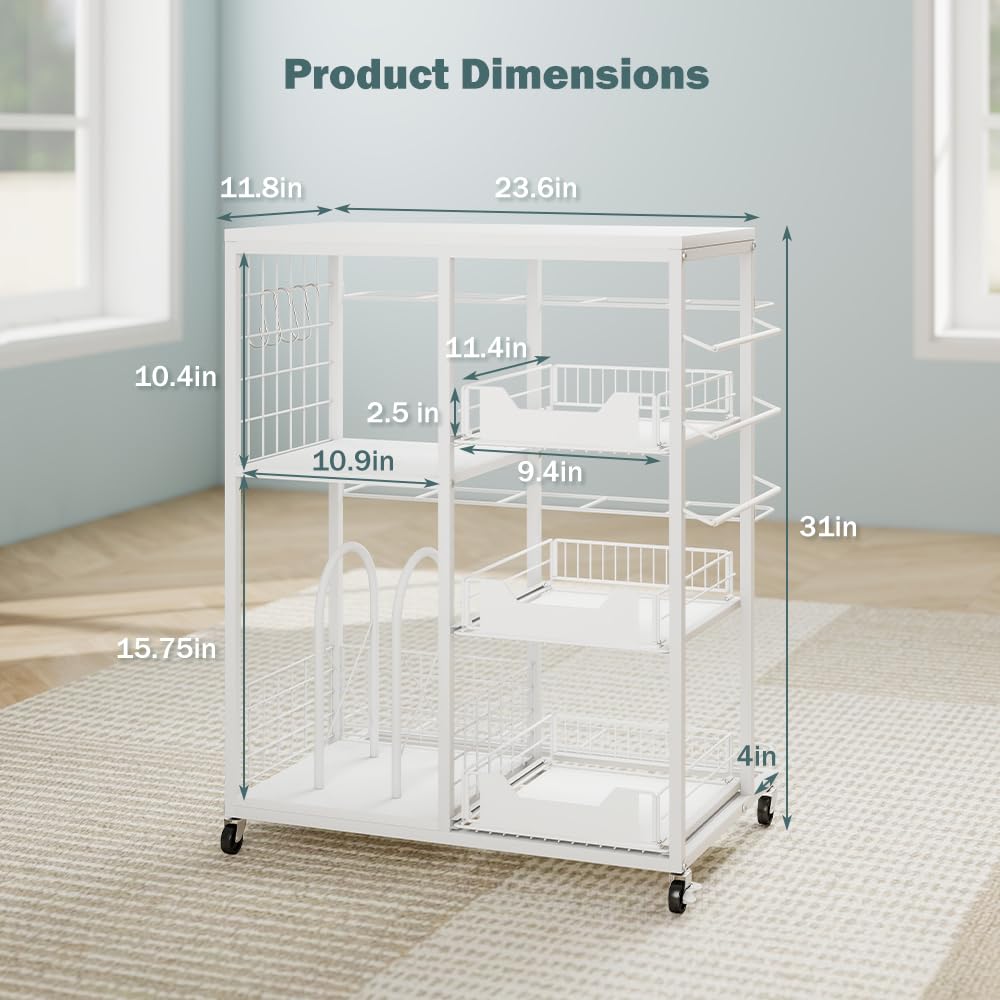 LUCKUP Rolling Wrapping Paper Organizer Cart – Gift Wrap Storage with Wheels, 20 Roll Holders, 3 Drawers & Ribbon Dispenser, Craft Organizer for Christmas, Birthdays, White