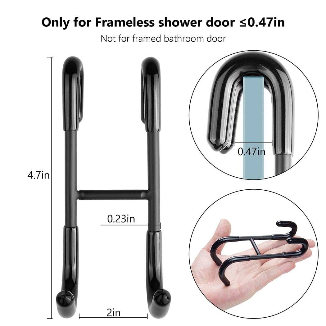 NINETREX Shower Door Hooks,Over Glass Door Hooks for Bathrooms Frameless Glass,Heavy Duty SUS 304 Stainless Steel Hook for Towels,Squeegee,Loofah,Shaver,Robe,2 Pack,Black